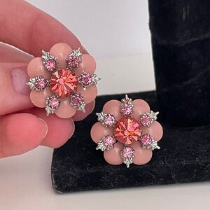 Vintage 40's Pink Rhinestone Spring Floral Preppy Regency. Screw Back Earrings